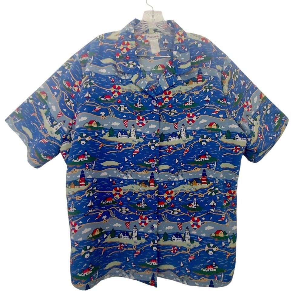 Bon Worth Womens XL Short Sleeve Button Blouse Top Boat Lighthouse 3x True Fit